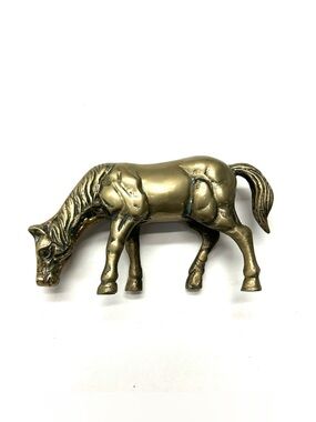 Vintage Solid Brass Horse Grazing Figurine Gold Decorative Sculpture Paperweight